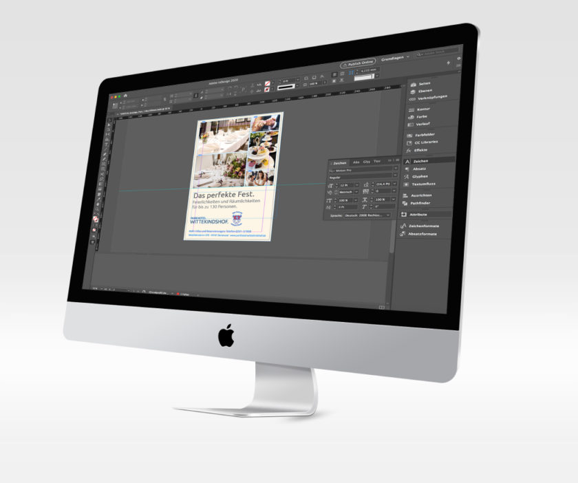 Erleben Sie erstklassiges Design und Grafik: Auf dem Bild öffnet ein iMac ein ansprechendes Grafiklayout für einen Kunden. Unsere professionellen Dienstleistungen bieten kreative Gestaltungsmöglichkeiten für Ihr Unternehmen.
